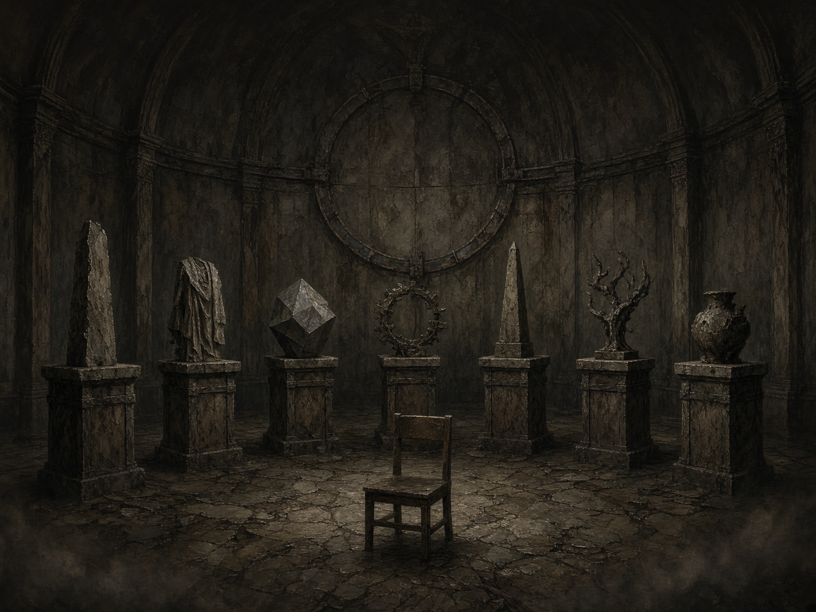 Seven unfinished objects, a simple chair, no mirrors.