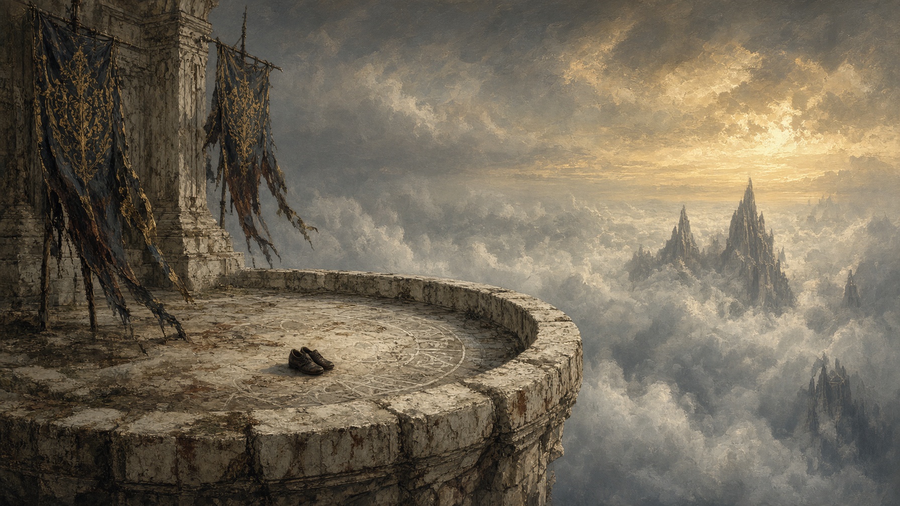A white cliff parapet above clouds, shoes paired at the rim.