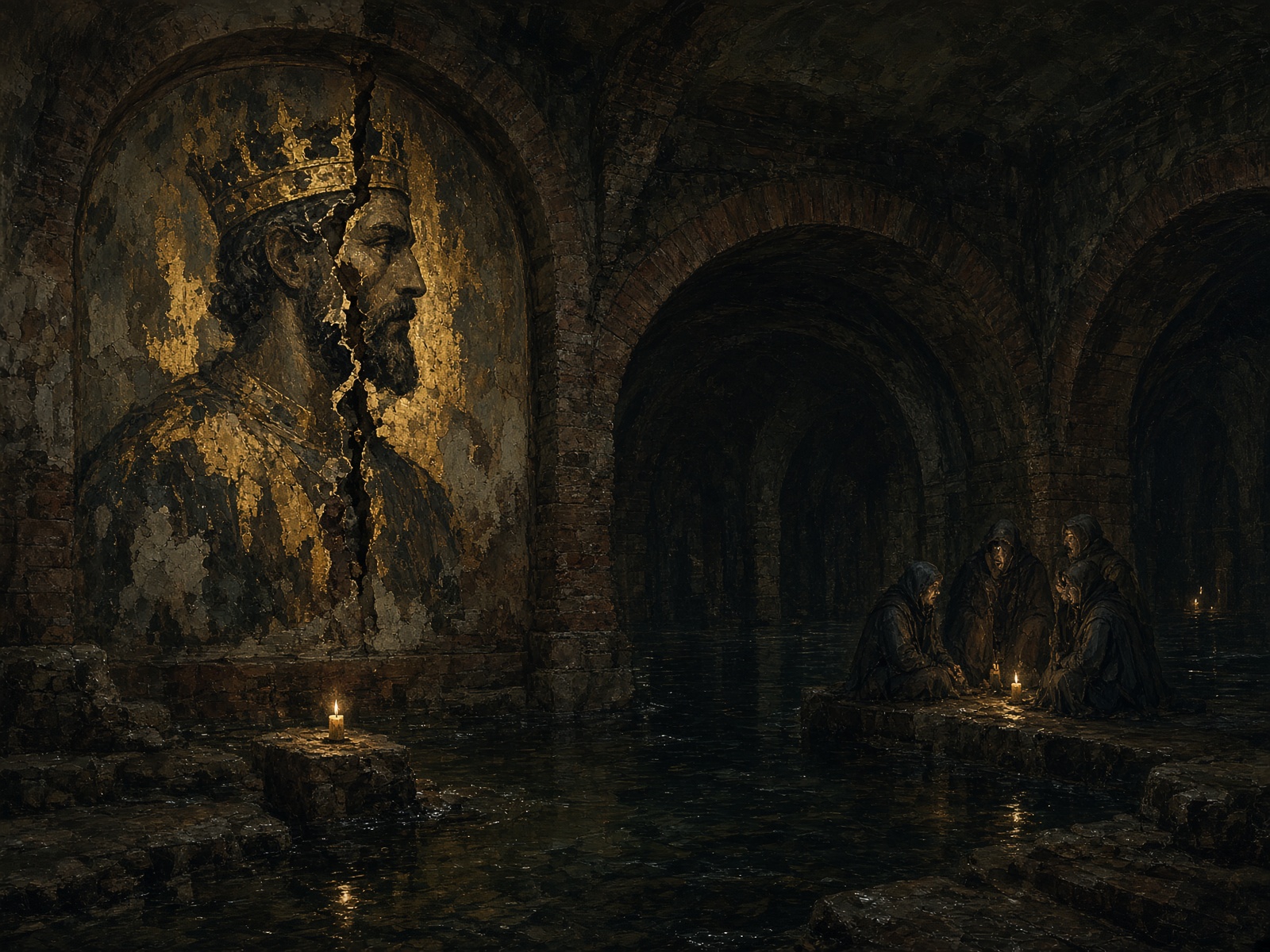 Brick cisterns and a cracked mural of a king, singers in the dark.