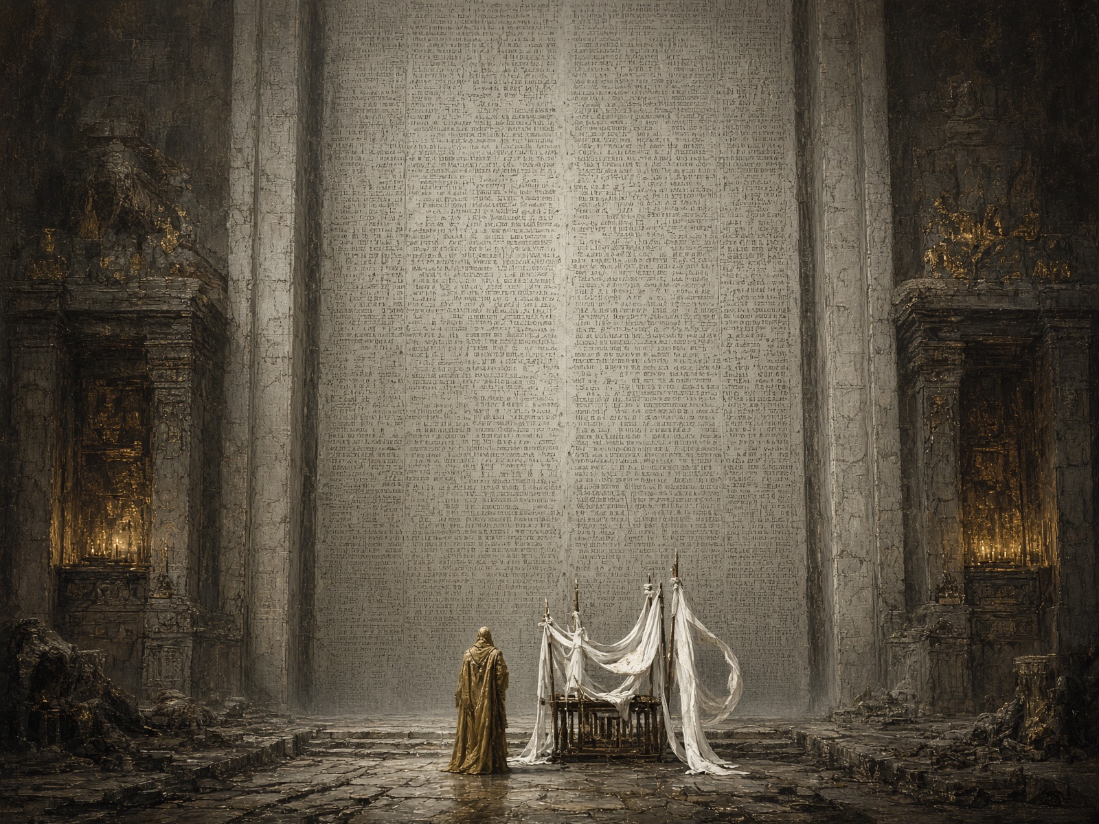 A colossal pale gate engraved with thousands of names.