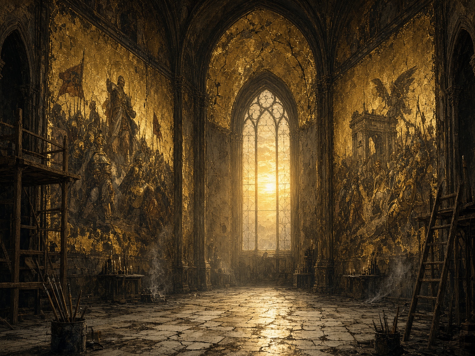 A gold-leaf hall of bloodless victory murals with wet paint at the edges.