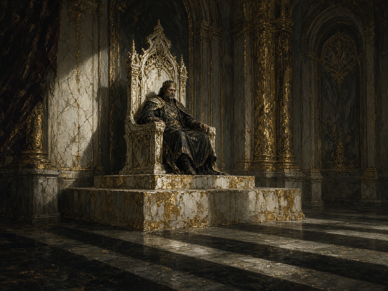 A throne room whose dais has no steps down, a weary king in gold.