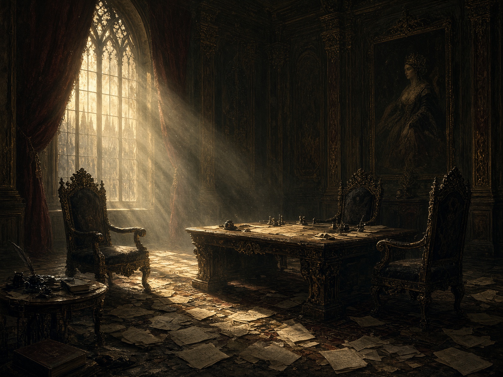 A palace room of unsent letters in gold dusk.